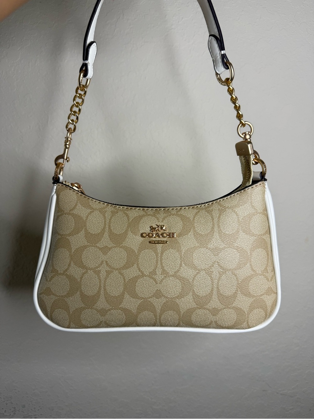 Coach Beige Signature Canvas Shoulder Bag with White Trim